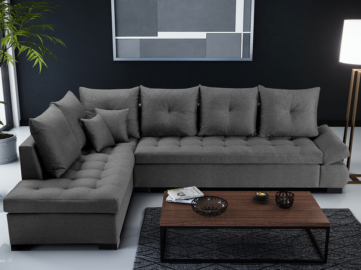 Sarokkanapé Kingsport 105, Sötétszürke, 95x320x223cm, Lábak: Fa