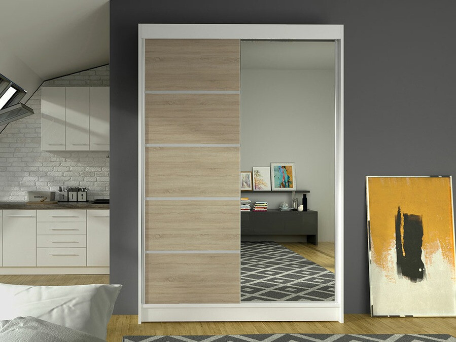 Gardróbszekrény Atlanta 149, Fehér, Sonoma tölgy, 200x120x58cm, Szekrényajtók: Tolóajtók