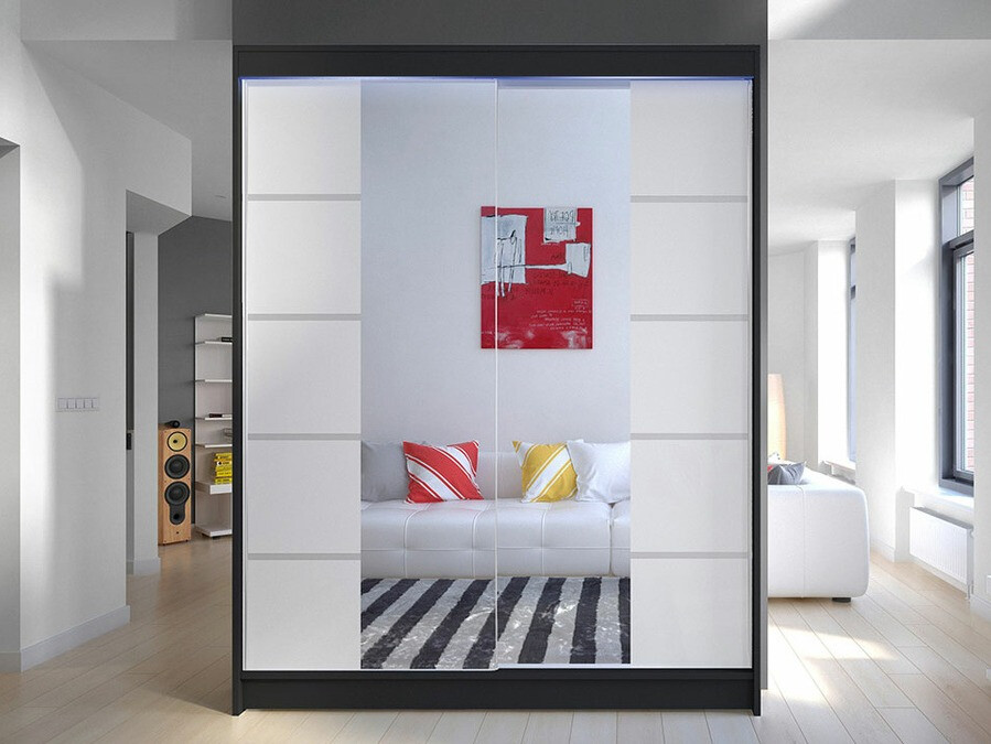 Gardróbszekrény Atlanta 146, Fehér, Fekete, 200x150x58cm, Szekrényajtók: Tolóajtók