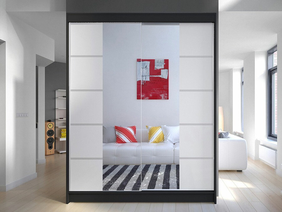 Gardróbszekrény Atlanta 146, Fekete, Fehér, 200x150x58cm, Szekrényajtók: Tolóajtók