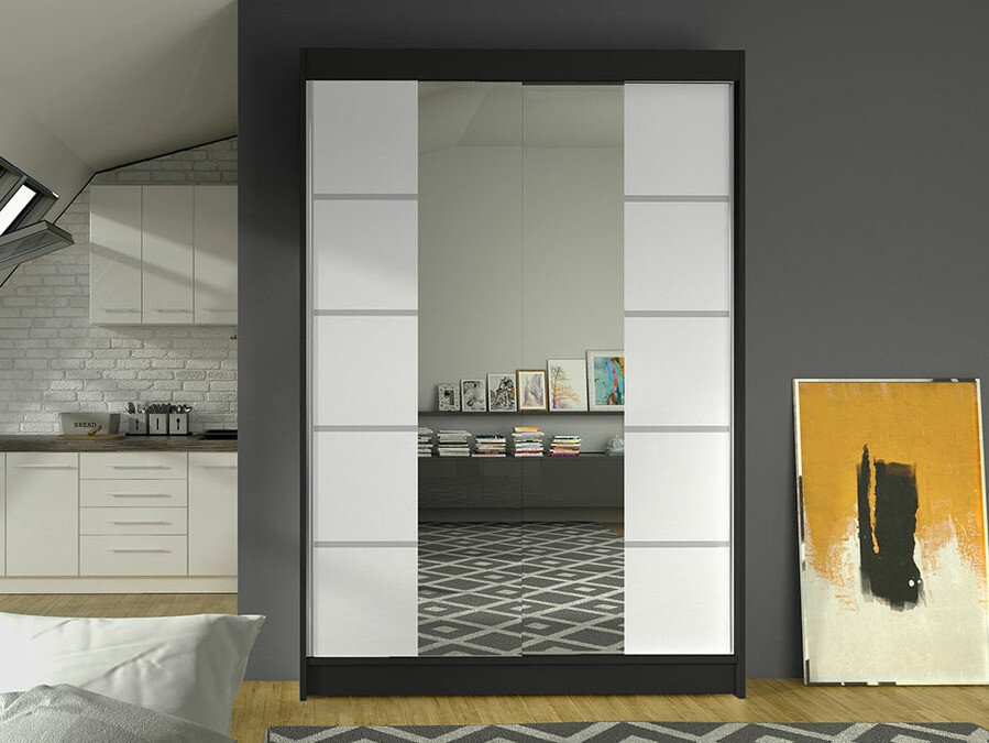 Gardróbszekrény Atlanta 151, Fehér, Fekete, 200x120x58cm, Szekrényajtók: Tolóajtók