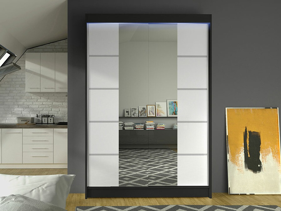 Gardróbszekrény Atlanta 151, Fekete, Fehér, 200x120x58cm, Szekrényajtók: Tolóajtók