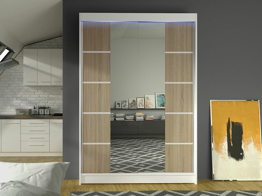 Gardróbszekrény Atlanta 151, Sonoma tölgy, Fehér, 200x120x58cm, Szekrényajtók: Tolóajtók