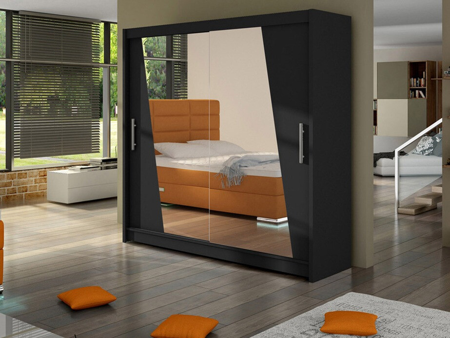 Gardróbszekrény Atlanta 144, Fekete, 215x180x58cm, Szekrényajtók: Tolóajtók