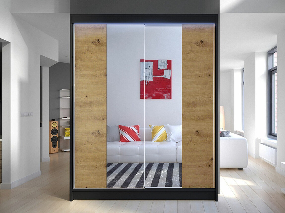 Gardróbszekrény Atlanta 141, Fekete, Artisan tölgy, 200x150x58cm, Szekrényajtók: Tolóajtók