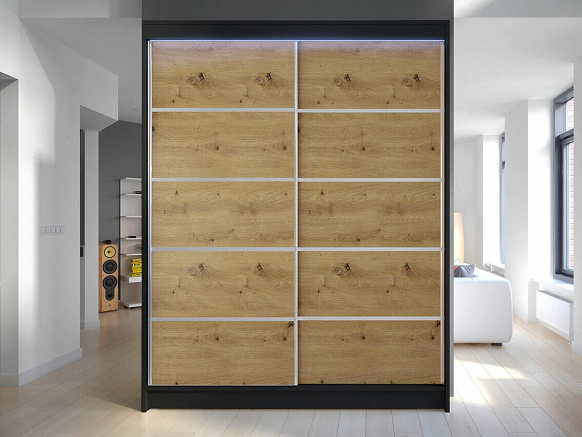 Gardróbszekrény Atlanta 145, Fekete, Artisan tölgy, 200x150x58cm, Szekrényajtók: Tolóajtók