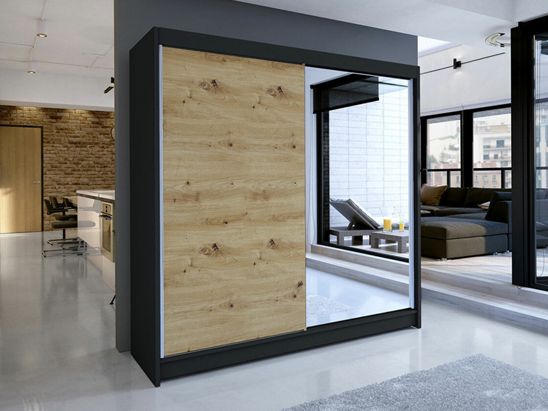 Gardróbszekrény Atlanta 137, Fekete, Artisan tölgy, 215x180x58cm, Szekrényajtók: Tolóajtók