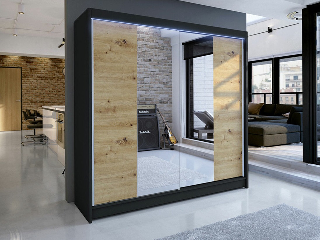 Gardróbszekrény Atlanta 138, Artisan tölgy, Fekete, 215x180x58cm, Szekrényajtók: Tolóajtók