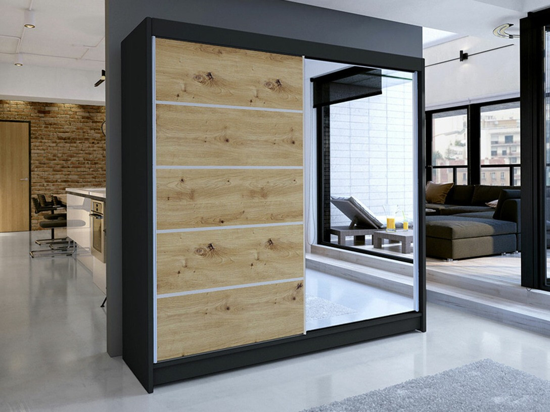 Gardróbszekrény Atlanta 142, Fekete, Artisan tölgy, 215x180x58cm, Szekrényajtók: Tolóajtók