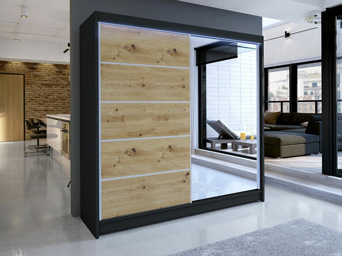 Gardróbszekrény Atlanta 142, Artisan tölgy, Fekete, 215x180x58cm, Szekrényajtók: Tolóajtók