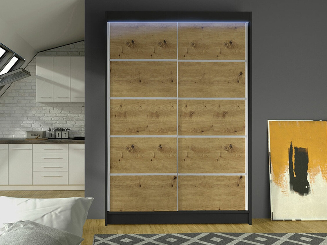 Gardróbszekrény Atlanta 150, Fekete, Artisan tölgy, 200x120x58cm, Szekrényajtók: Tolóajtók
