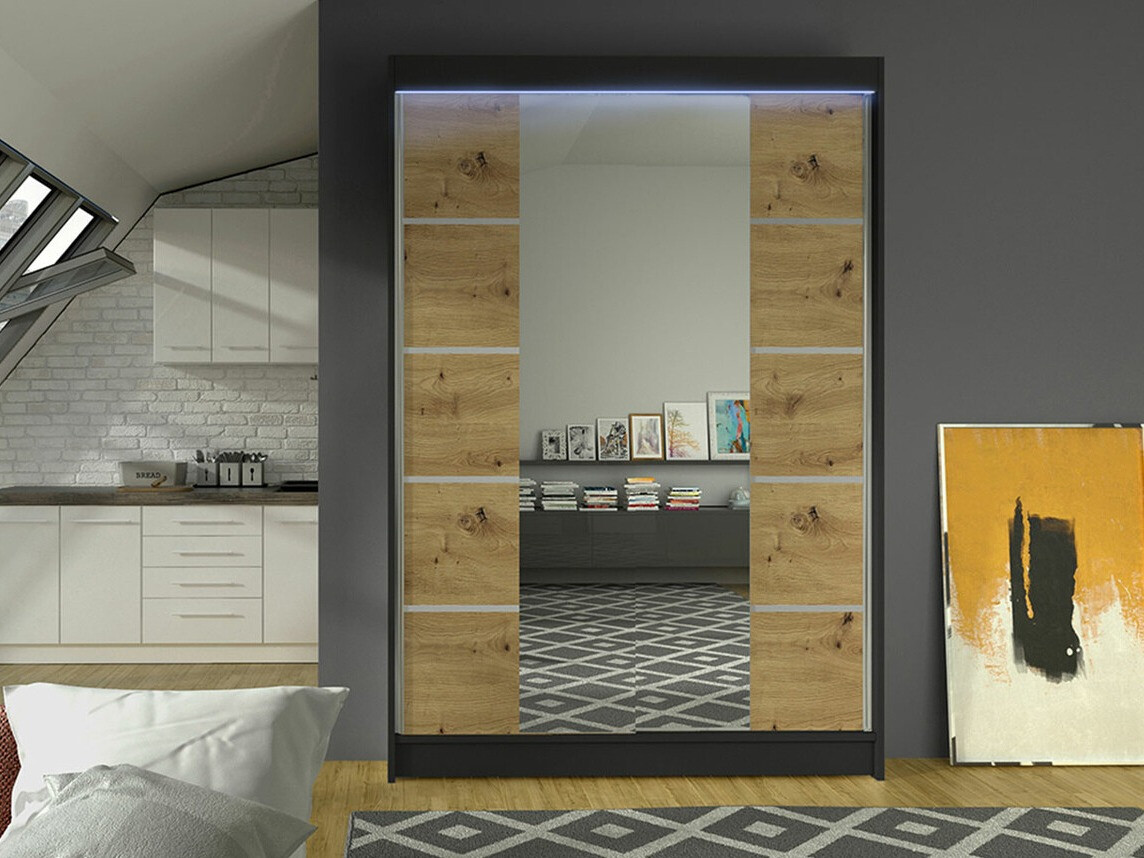 Gardróbszekrény Atlanta 151, Artisan tölgy, Fekete, 200x120x58cm, Szekrényajtók: Tolóajtók