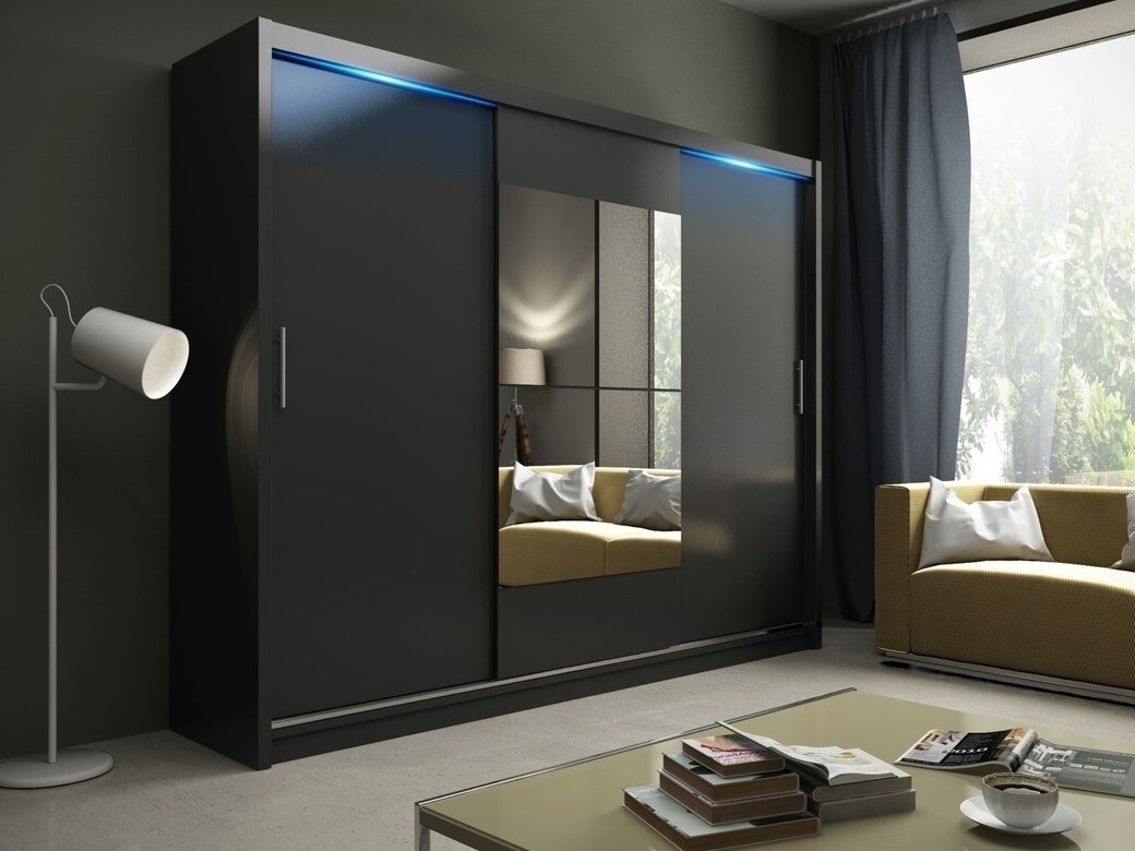 Szekrény Longview 100, Matt fekete, 218x250x61cm, Szekrényajtók: Tolóajtó