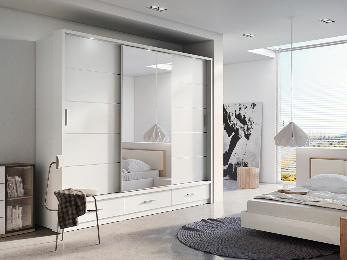 Gardróbszekrény Fresno 100, Fehér, 215x250x63cm, Szekrényajtók: Tolóajtók