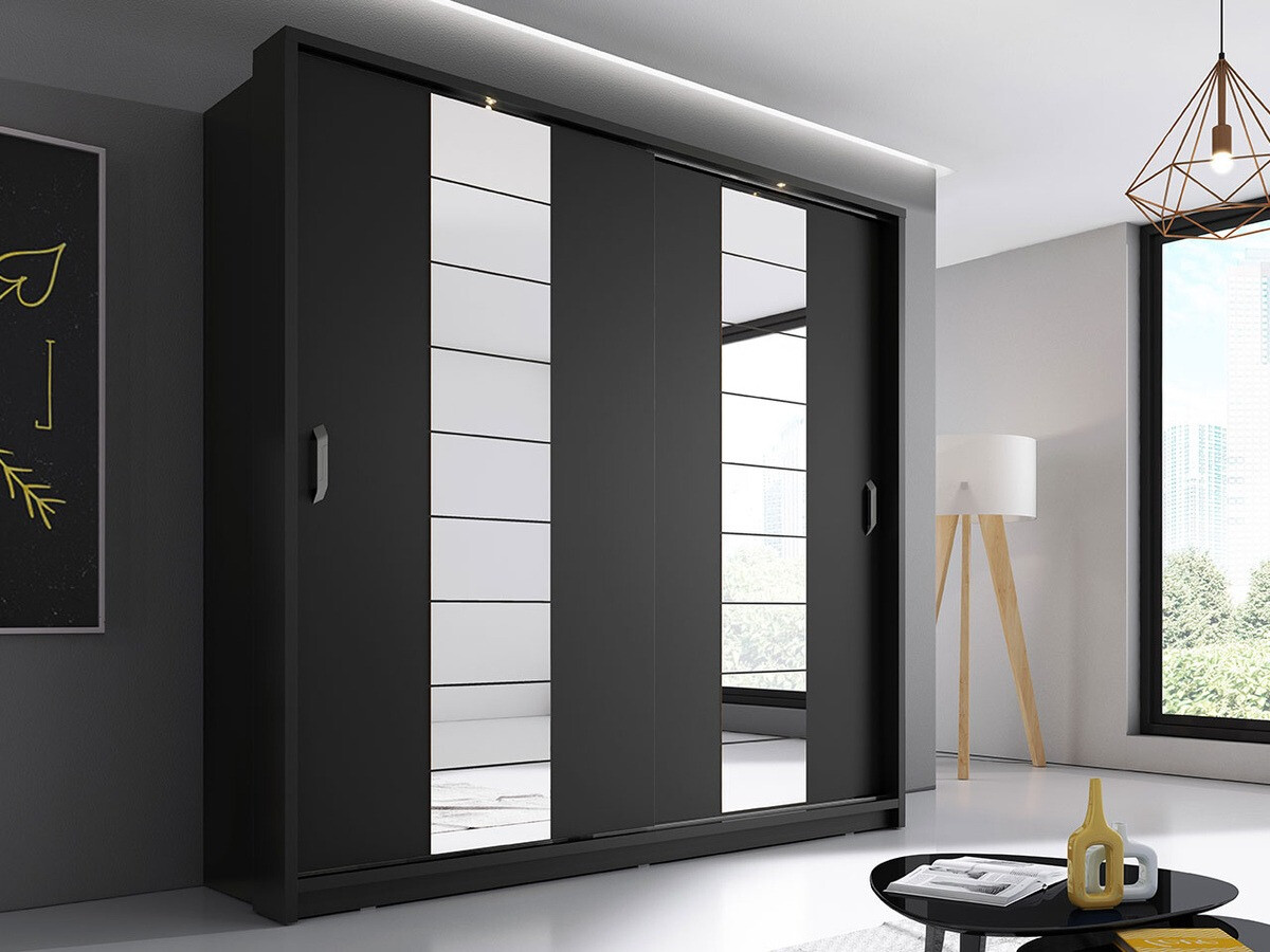 Gardróbszekrény Fresno 105, Fekete, 215x220x63cm, Szekrényajtók: Tolóajtók