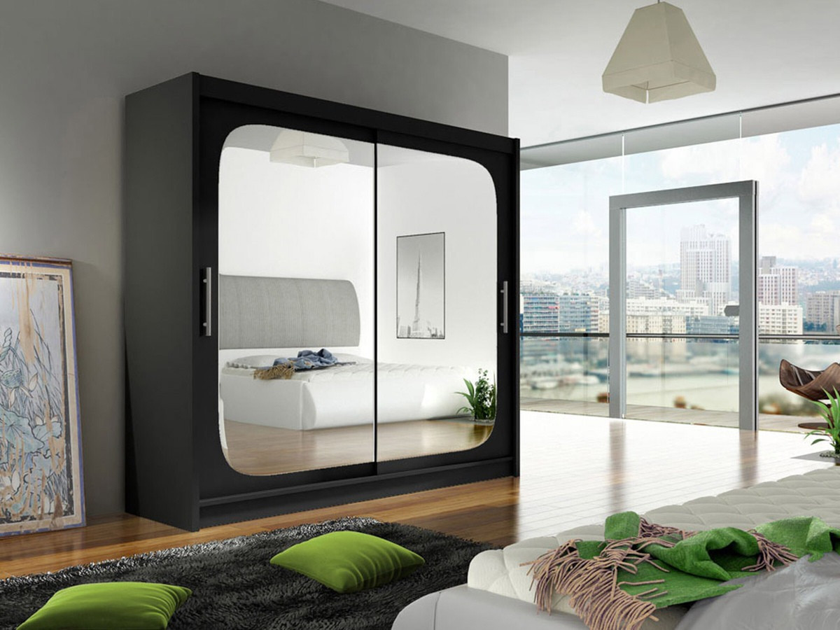 Gardróbszekrény Atlanta 108, Fekete, 215x180x58cm, Szekrényajtók: Tolóajtók