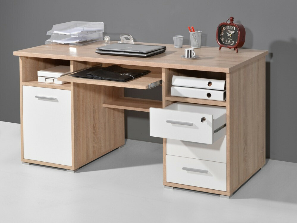 Íróasztal Sacramento 106, Fiókos, Billentyűzet tartóval, Ajtókkal, 75x145x70cm, Sonoma tölgy, Fehér