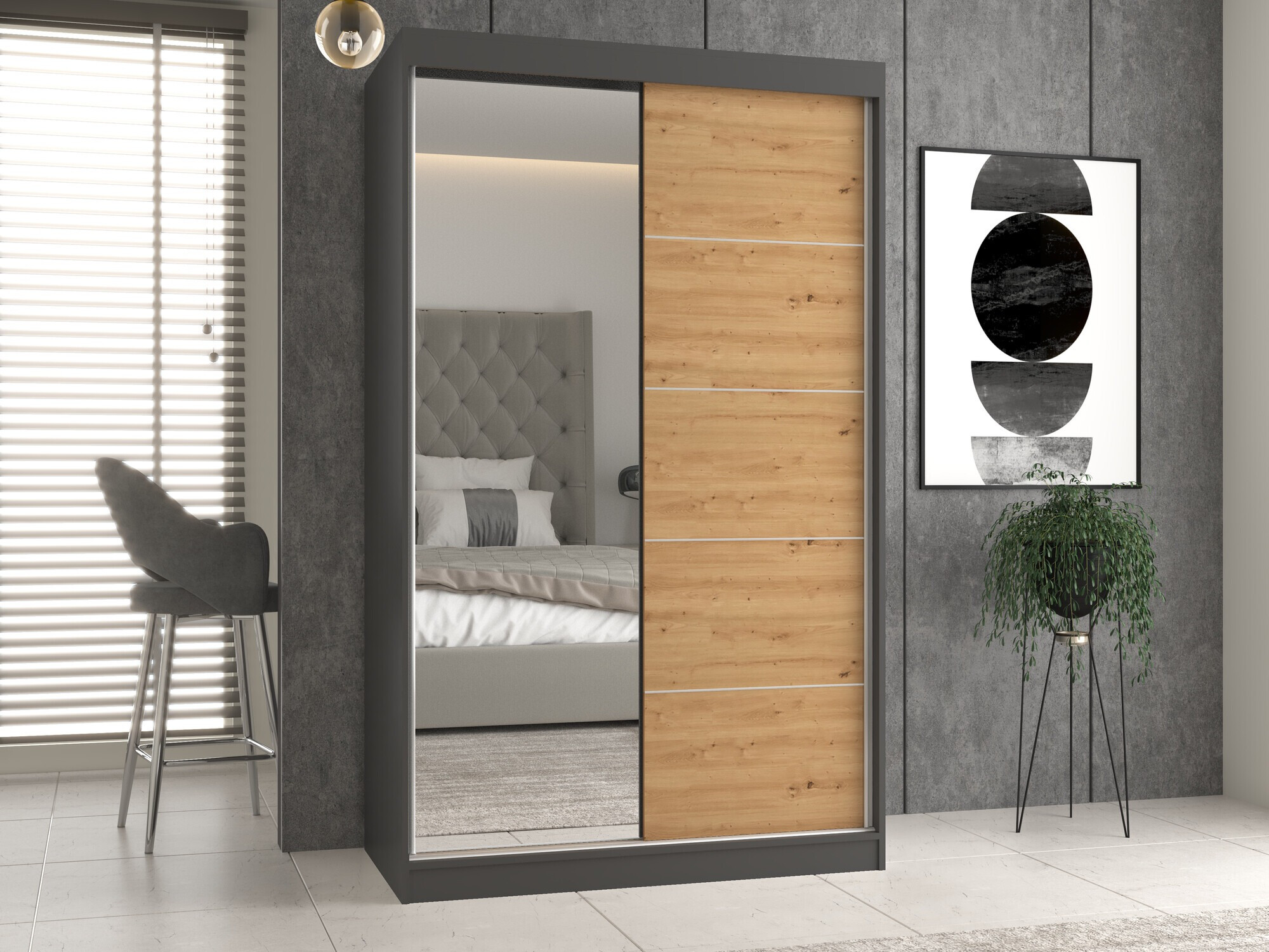 Gardróbszekrény Mandeville 157, Artisan tölgy, Antracit, 200x120x61cm, Szekrényajtók: Tolóajtók,Ajtók száma