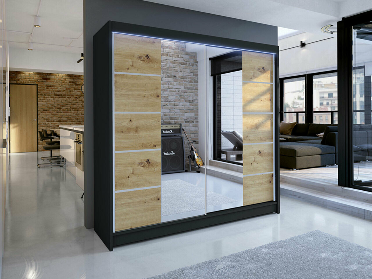 Gardróbszekrény Atlanta 154, Artisan tölgy, Fekete, 215x180x58cm, Szekrényajtók: Tolóajtók