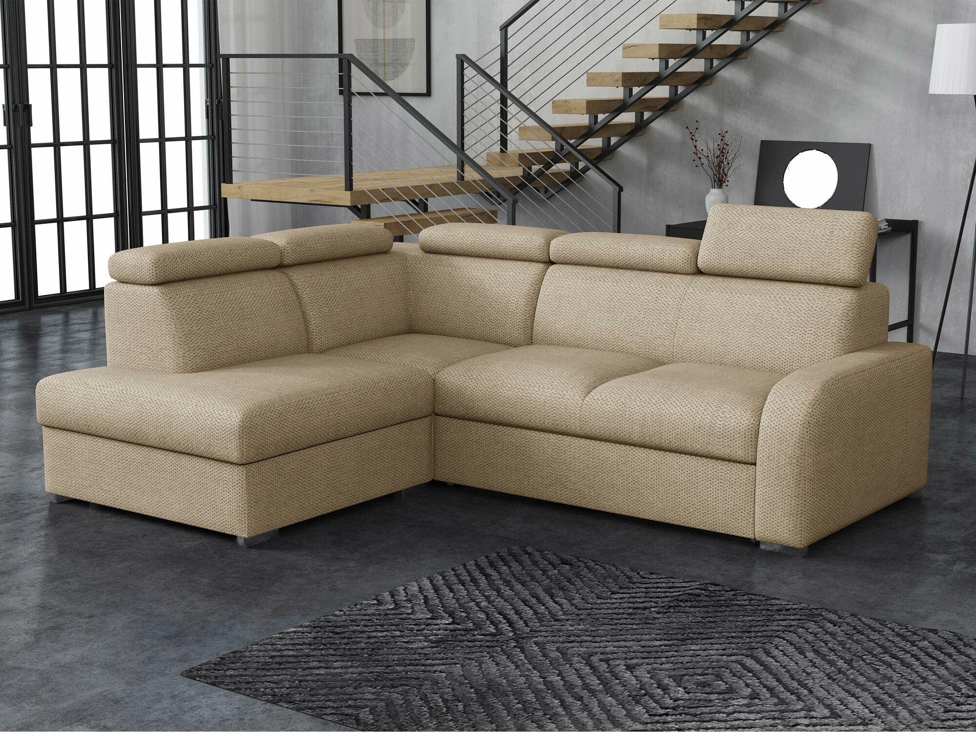 Sarokkanapé Columbus 229, Ágyneműtartó, 85x250x200cm, Lábak: Műanyag, Fa