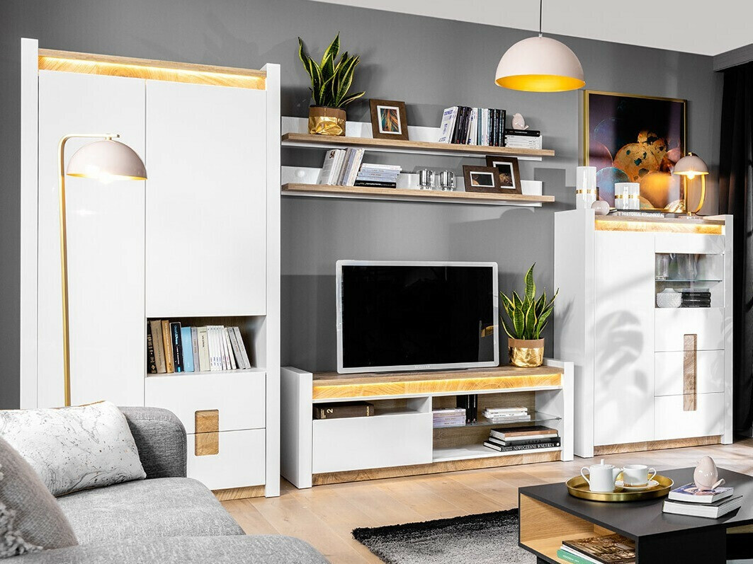 Nappali szett Boston BH107, Fényes fehér, Westminsteri tölgy, 201.5x60cm