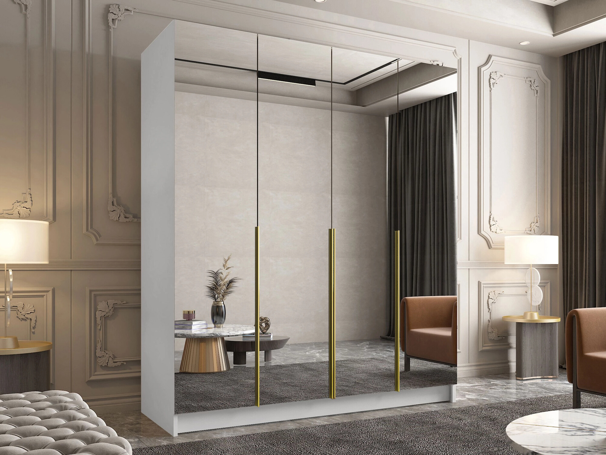 Gardróbszekrény Atlanta 197, Fehér, Aranysárga, 215x200x58cm, Szekrényajtók: Pántos,Ajtók száma