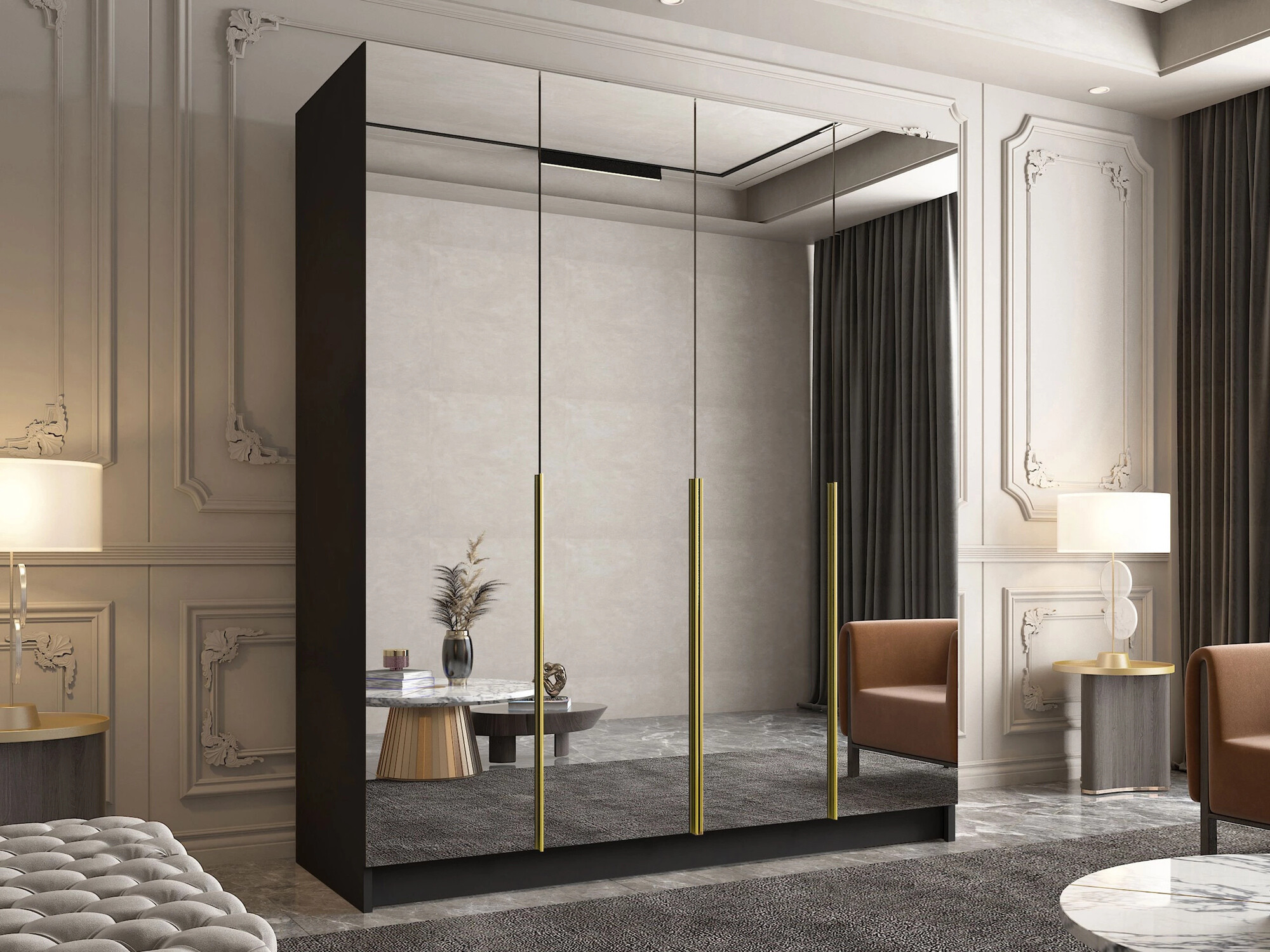 Gardróbszekrény Atlanta 197, Fekete, Aranysárga, 215x200x58cm, Szekrényajtók: Pántos,Ajtók száma