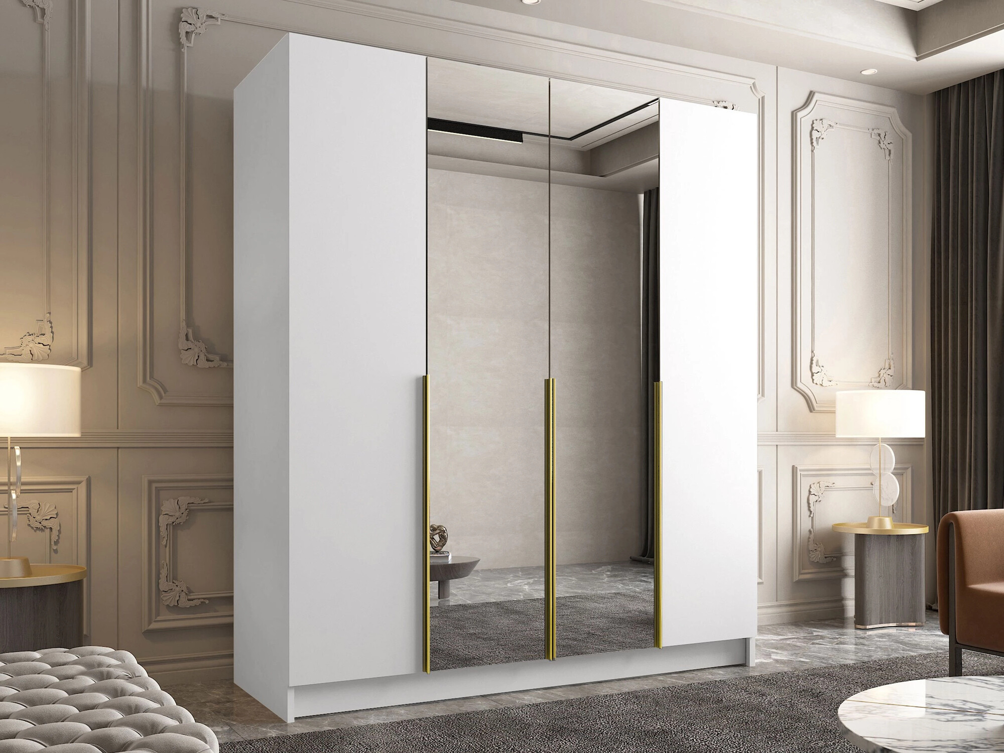 Gardróbszekrény Atlanta 198, Aranysárga, Fehér, 215x200x58cm, Szekrényajtók: Pántos,Ajtók száma