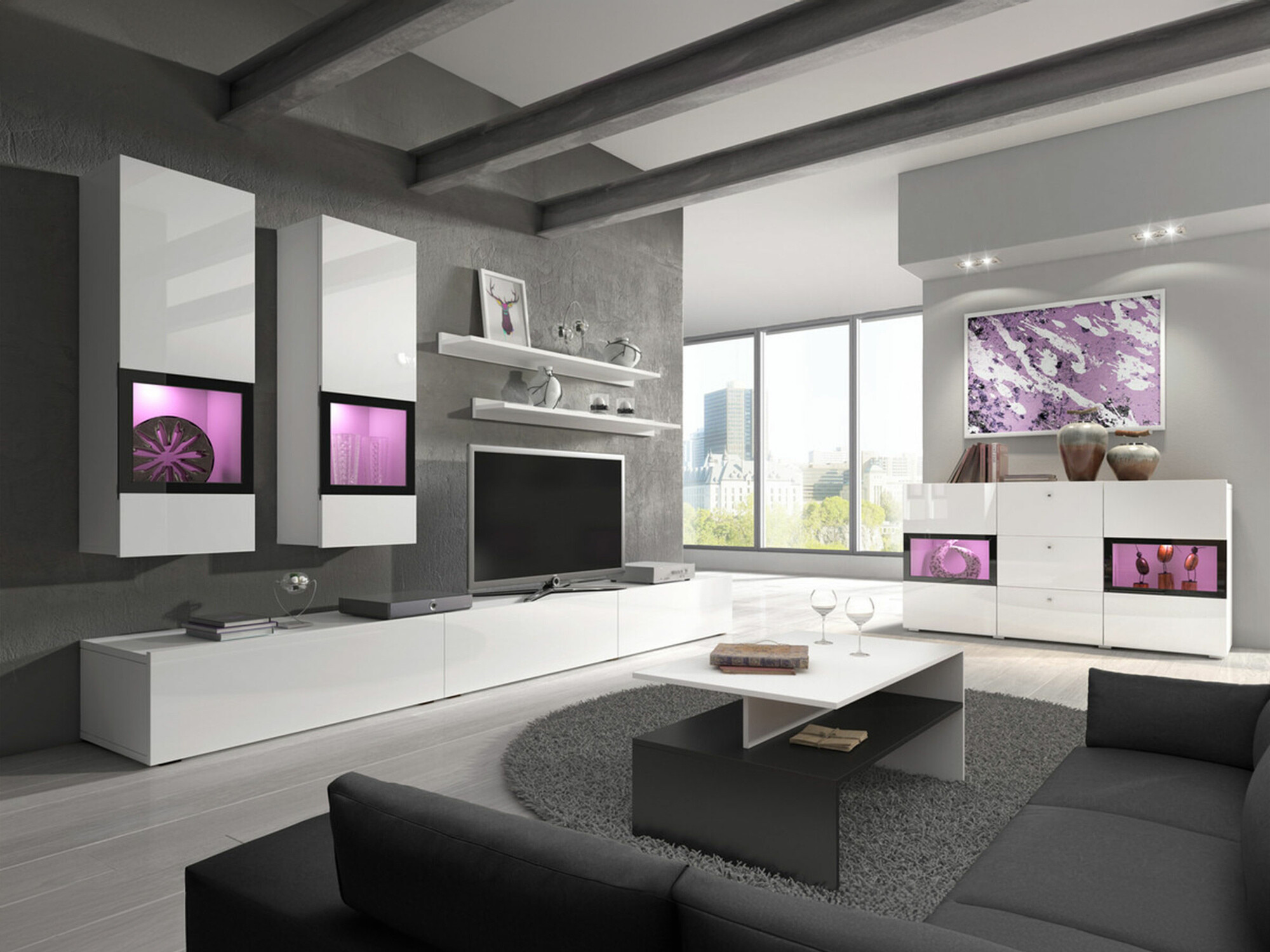 Nappali szett Austin AS103, Fényes fehér, Fehér, Lábak: Műanyag