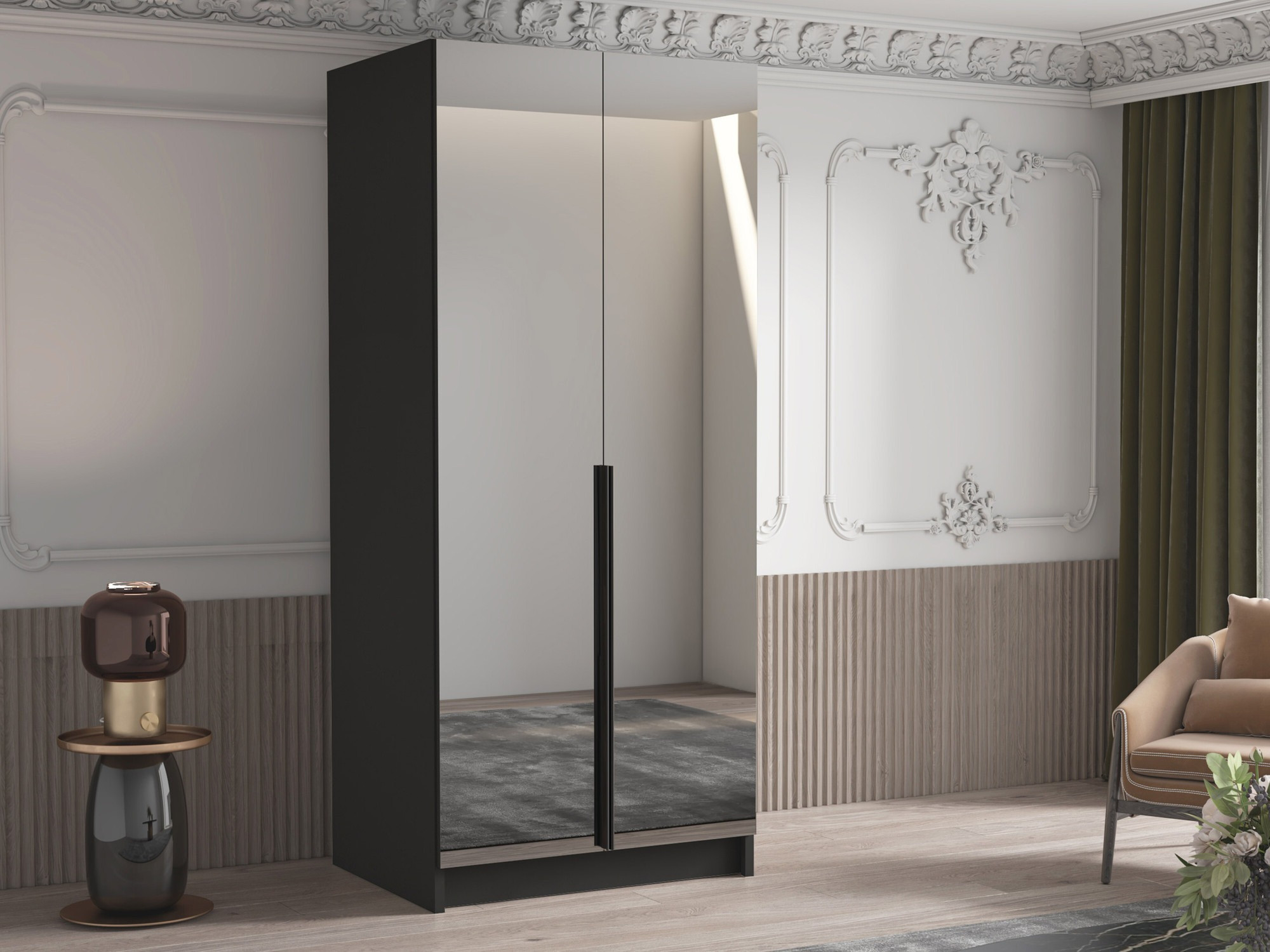 Gardróbszekrény Atlanta 200, Fekete, 215x100x58cm, Szekrényajtók: Pántos,Ajtók száma