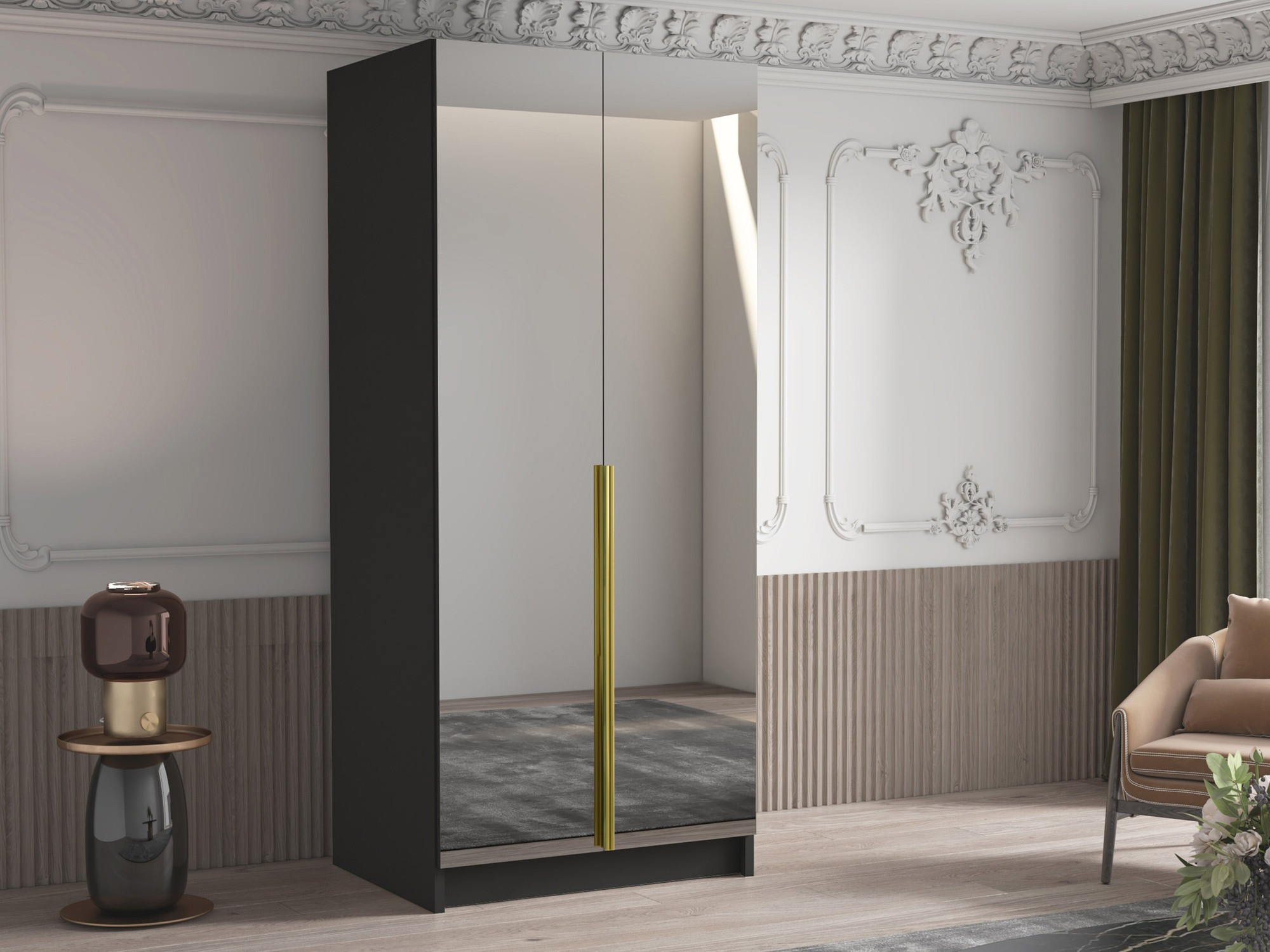 Gardróbszekrény Atlanta 200, Fekete, Aranysárga, 215x100x58cm, Szekrényajtók: Pántos,Ajtók száma