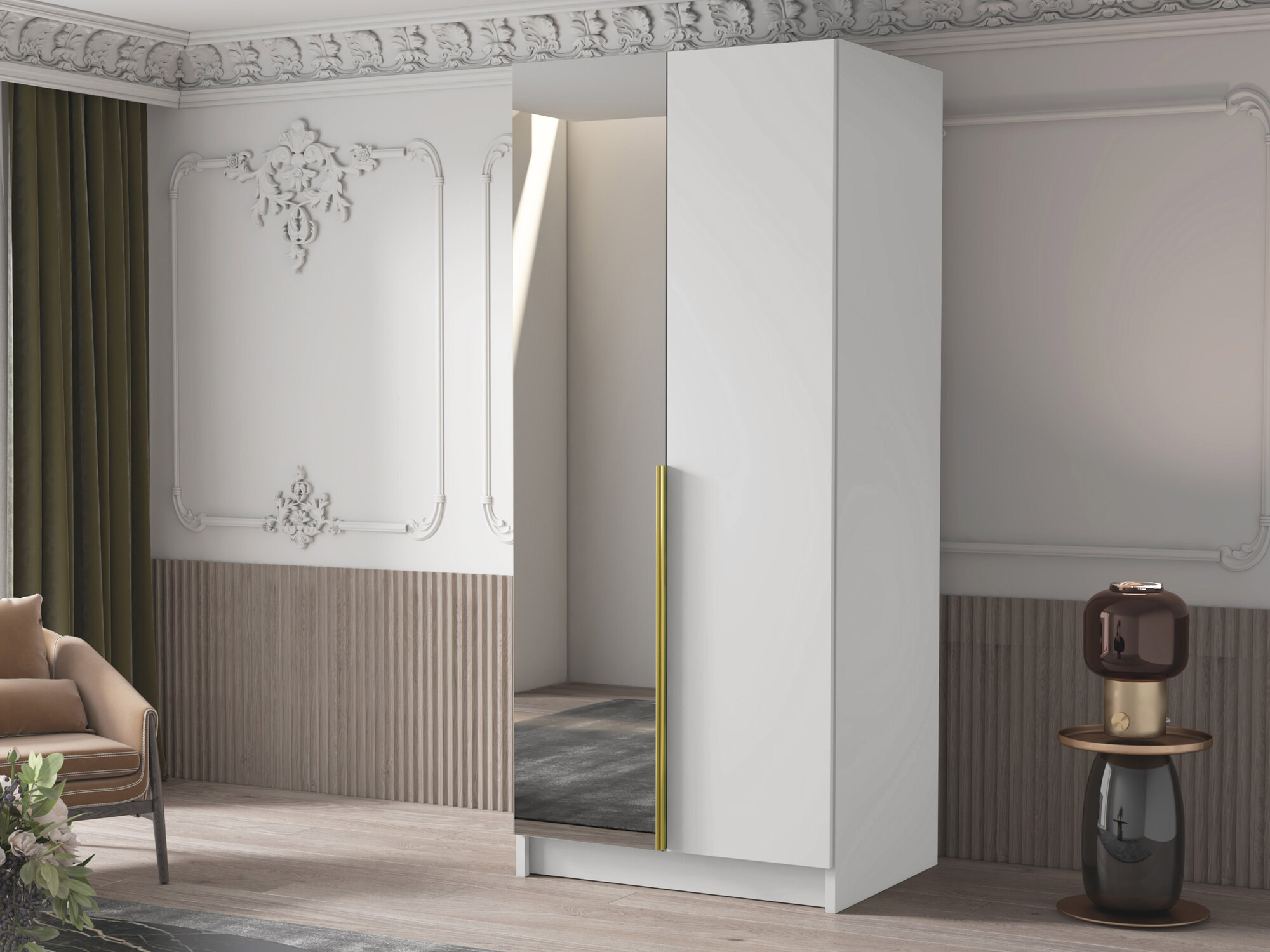 Gardróbszekrény Atlanta 201, Fehér, Aranysárga, 215x100x58cm, Szekrényajtók: Pántos,Ajtók száma