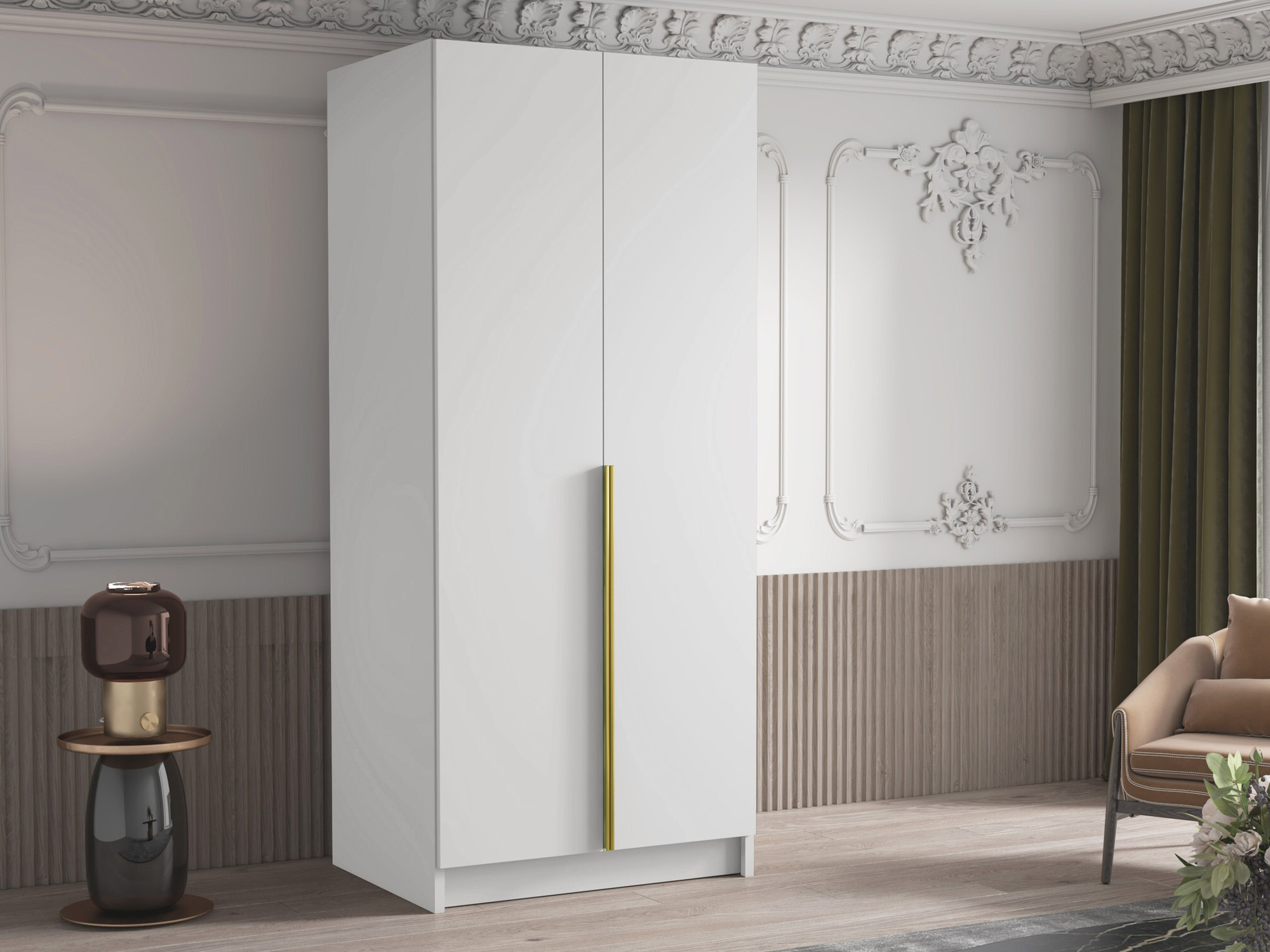 Gardróbszekrény Atlanta 202, Fehér, Aranysárga, 215x100x58cm, Szekrényajtók: Pántos,Ajtók száma