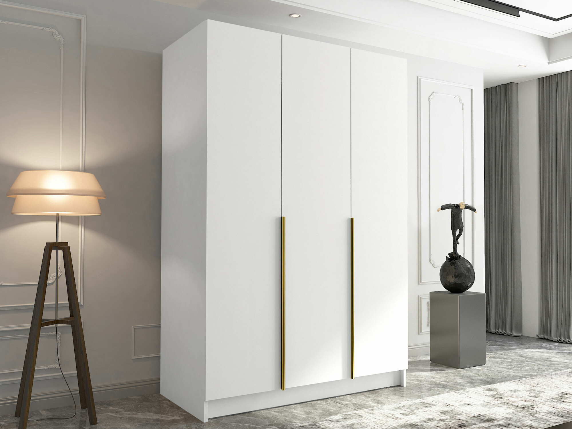 Gardróbszekrény Atlanta 205, Aranysárga, Fehér, 215x150x58cm, Szekrényajtók: Pántos,Ajtók száma