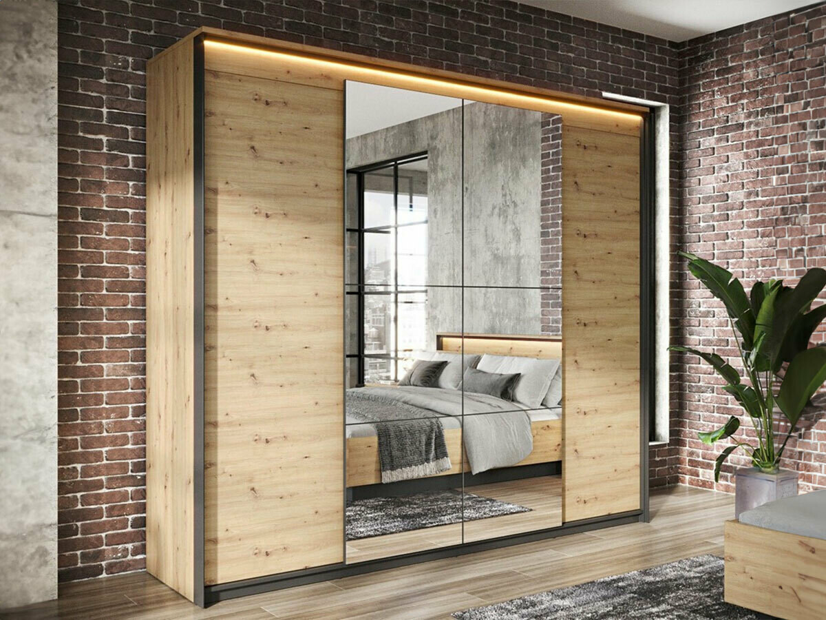 Gardróbszekrény Fresno G120, Artisan tölgy, Fekete, 221x250x63cm, Szekrényajtók: Pántos