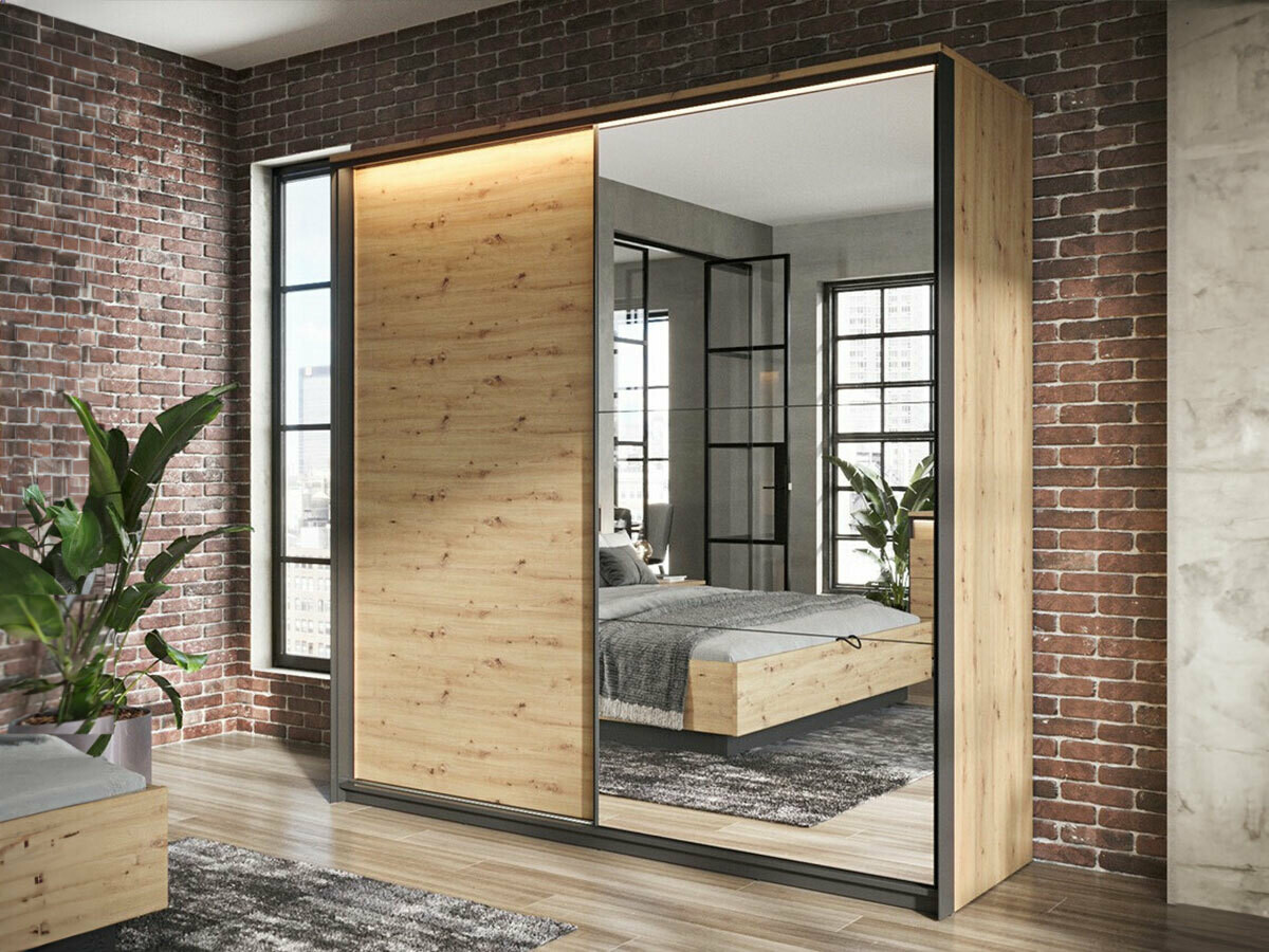 Gardróbszekrény Fresno G115, Artisan tölgy, Fekete, 221x220x68cm, Szekrényajtók: Tolóajtók