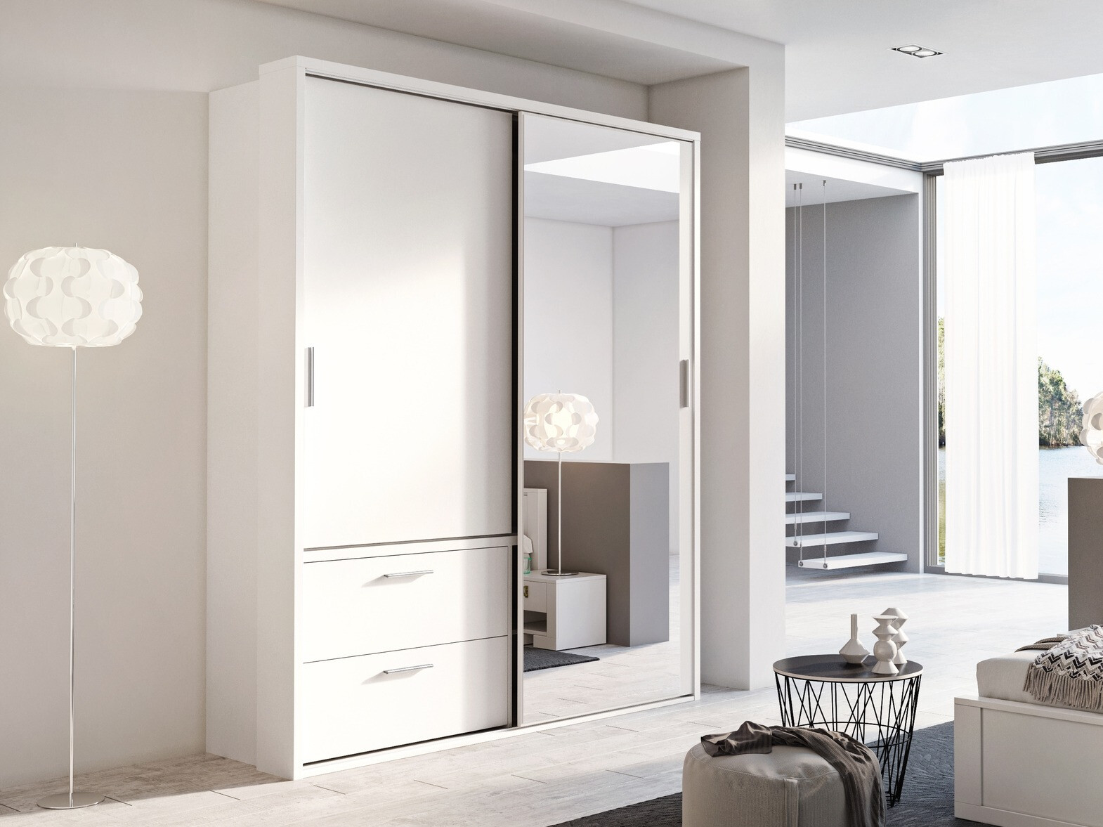 Gardróbszekrény Fresno 123, Fehér, 215x180x63cm, Szekrényajtók: Tolóajtók