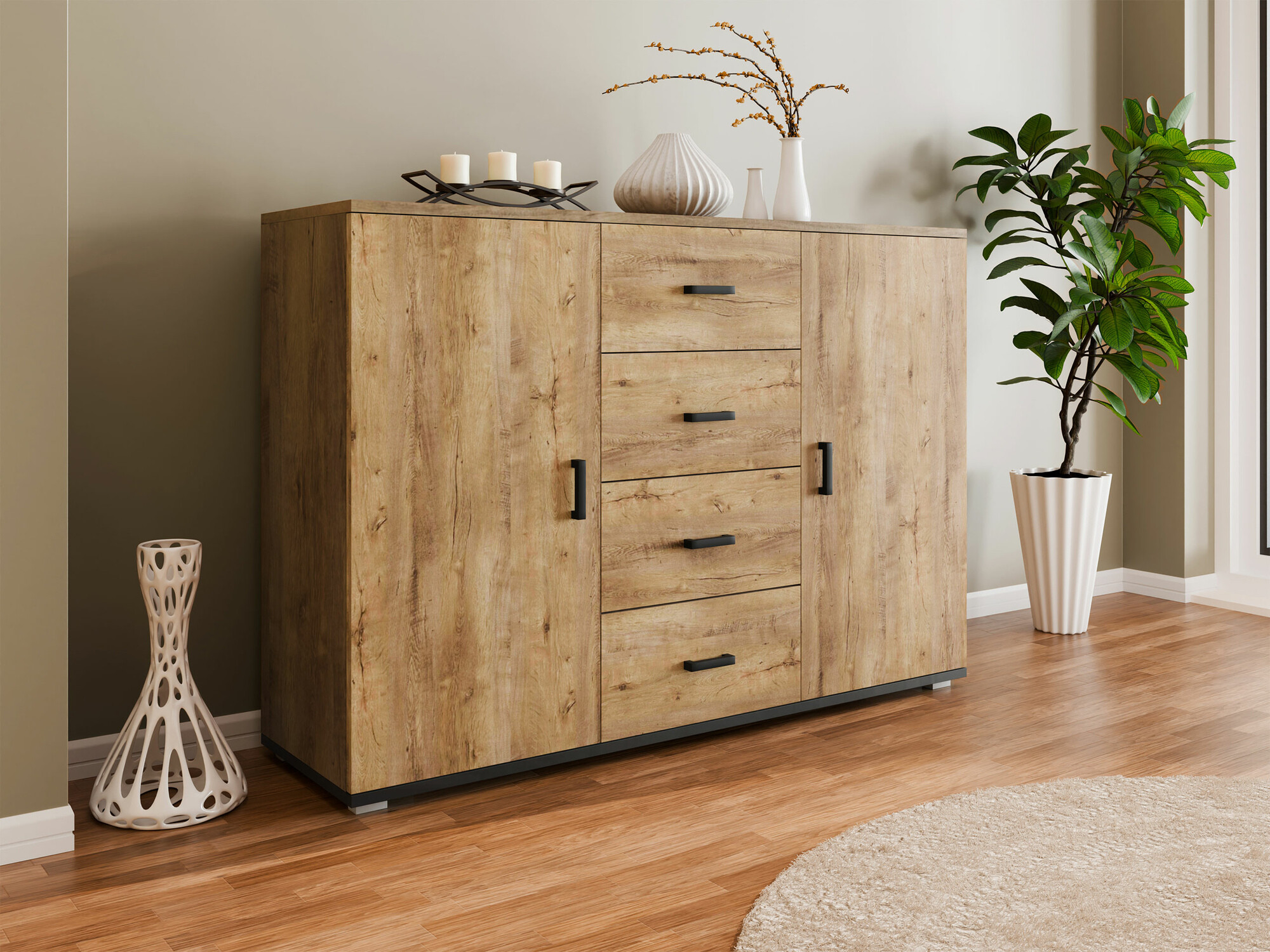 Komód Charlotte 118, Lefkas tölgy, Fekete, 92x132x38cm