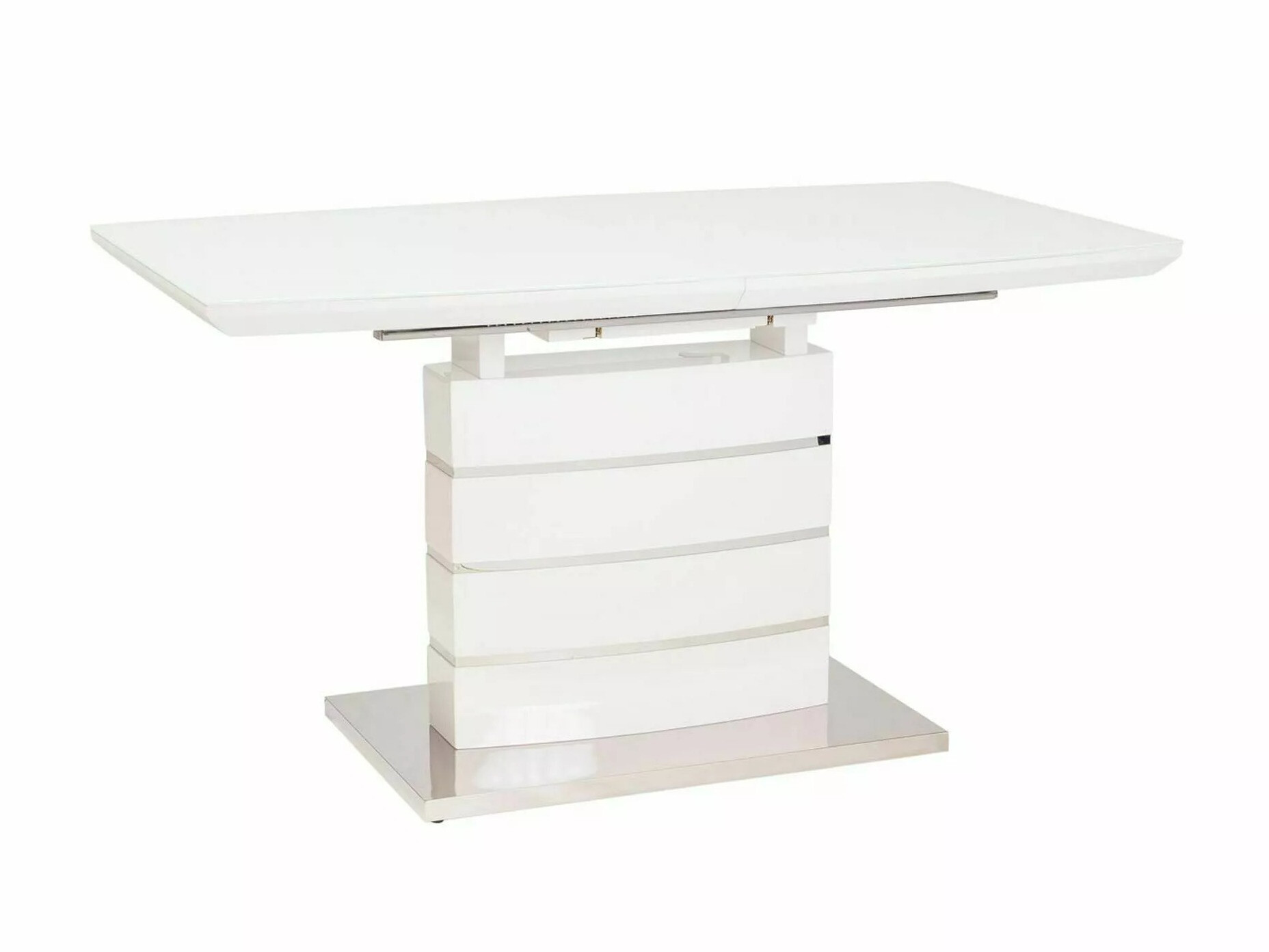 Asztal Detroit 569, Fényes fehér, Ezüst, 76x80x140cm, Hosszabbíthatóság, Edzett üveg, Közepes sűrűségű farostlemez