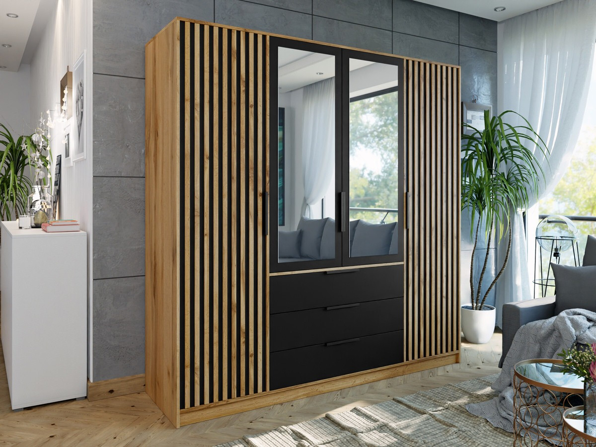 Gardróbszekrény Honolulu D102, Fekete, Wotan tölgy, 200x196x58cm, Szekrényajtók: Pántos