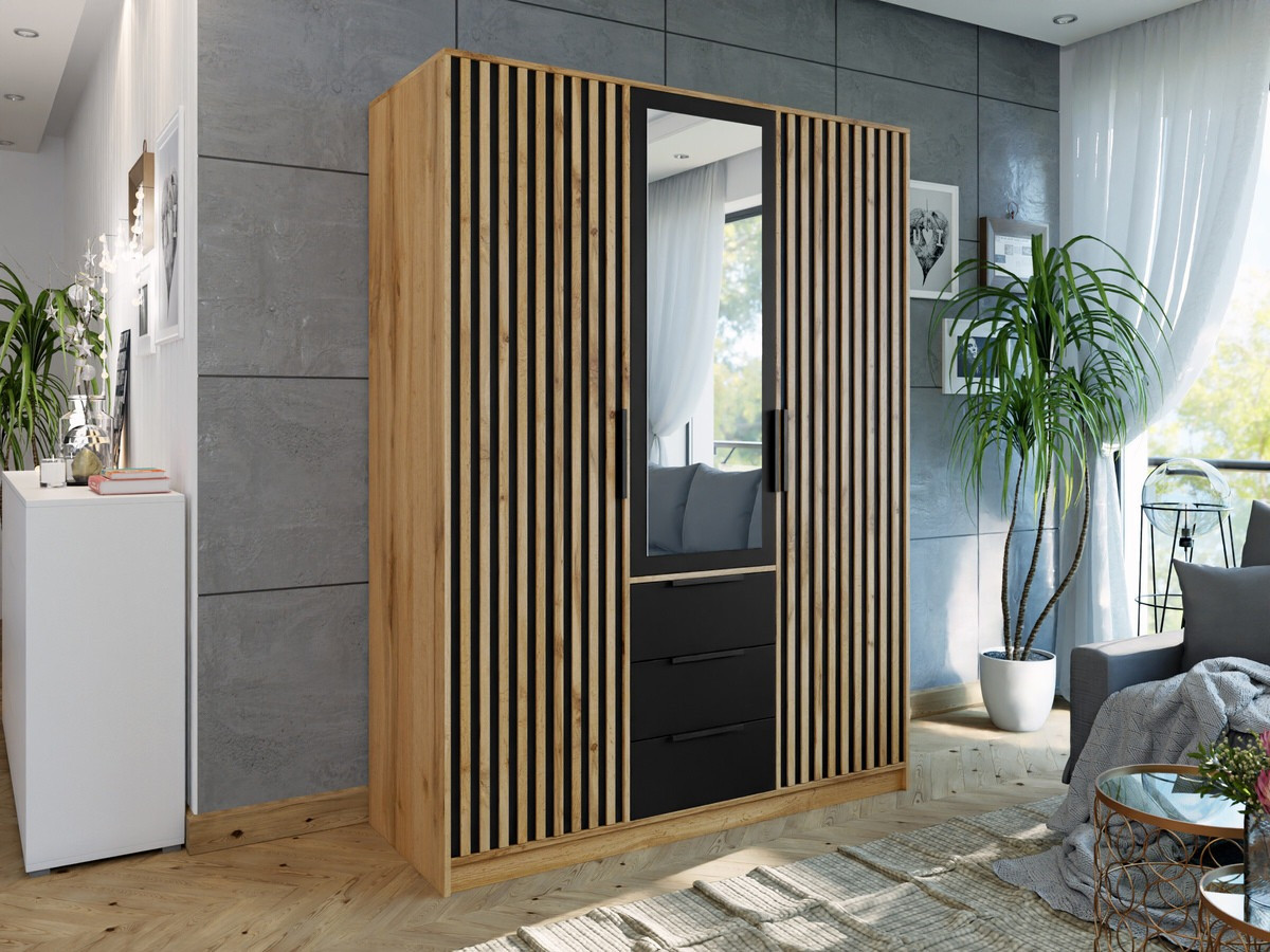 Gardróbszekrény Honolulu D101, Fekete, Wotan tölgy, 200x150x58cm, Szekrényajtók: Pántos