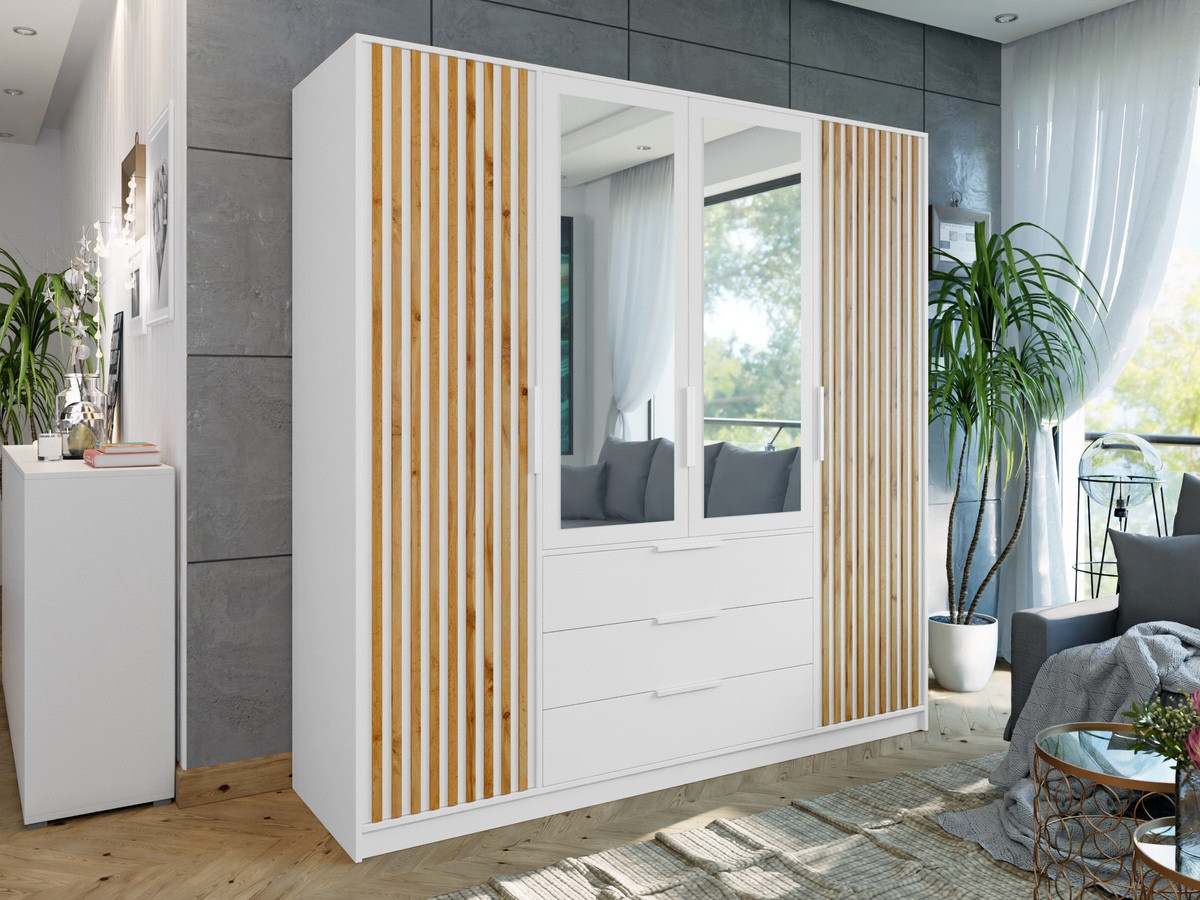 Gardróbszekrény Honolulu D109, Fehér, Fényes fa, 200x196x58cm, Szekrényajtók: Pántos