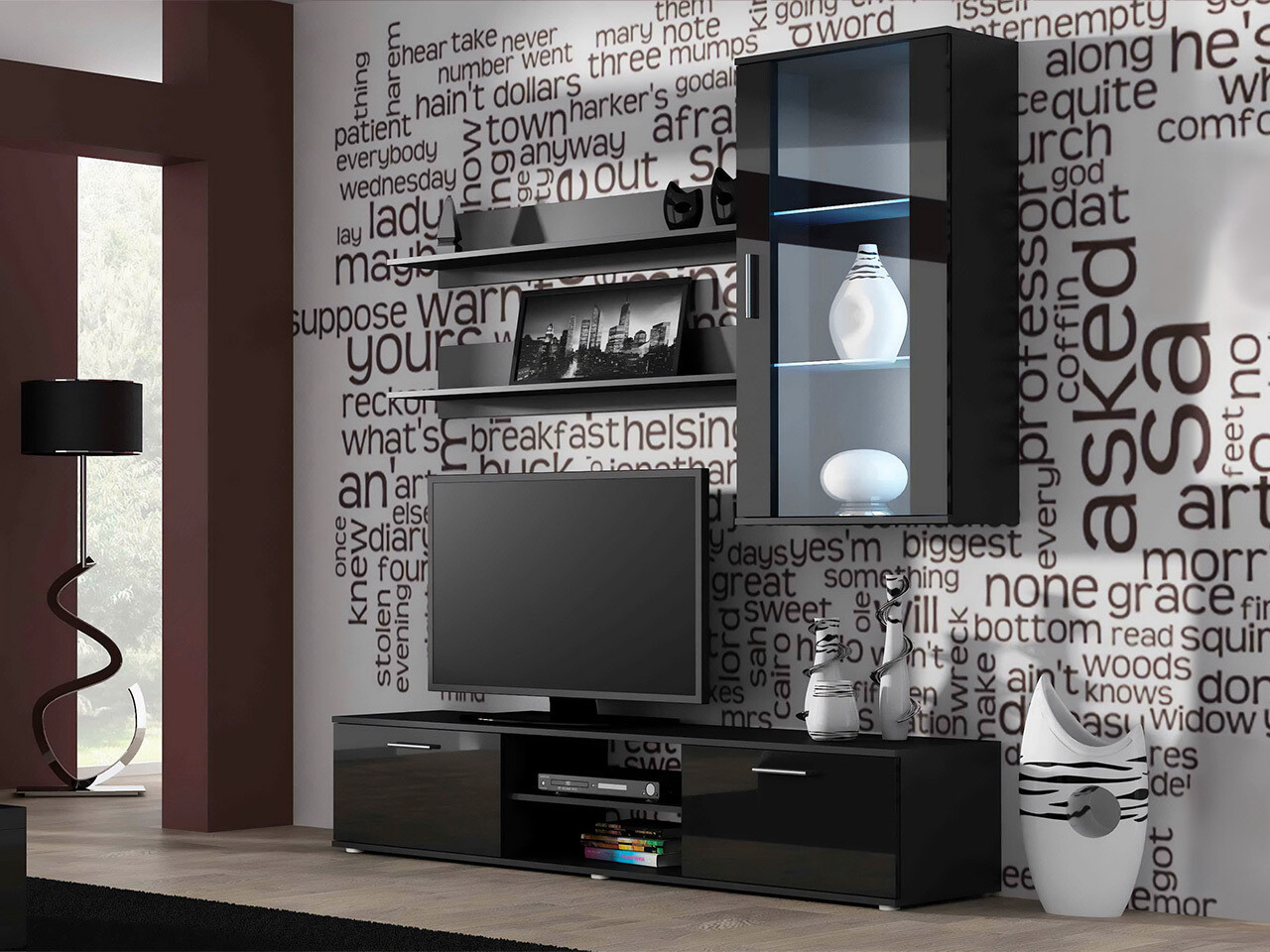 Nappali szett Charlotte E113, Fényes fekete, Fekete, 180x43cm, Lábak: Műanyag