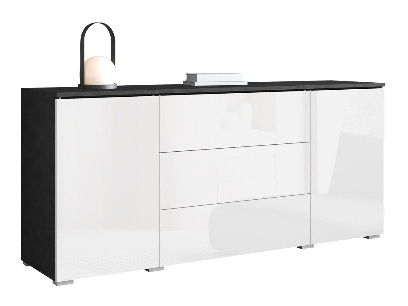 Komód Sarasota 142, Matera szürke, Fényes fehér, 66x150x40cm