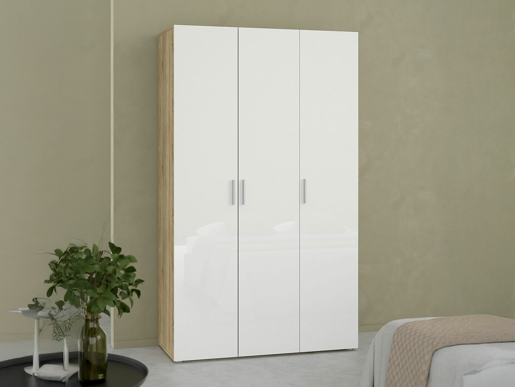 Gardróbszekrény Tustin 133, Tölgy, Fényes fehér, 200.9x118.1x49.8cm, Szekrényajtók: Pántos