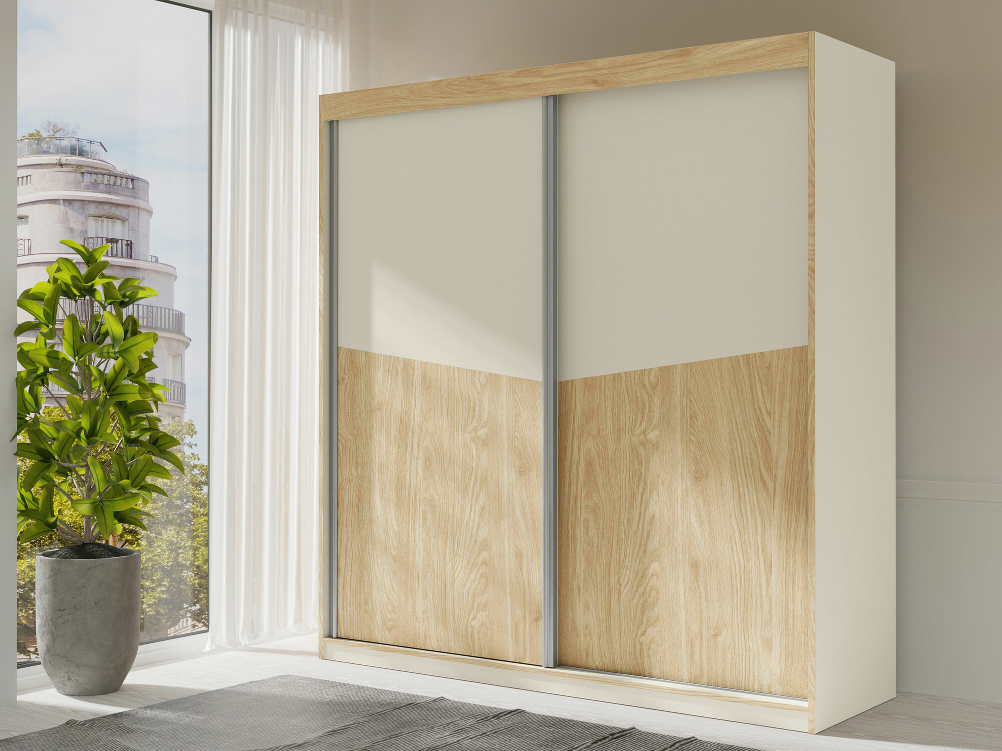 Gardróbszekrény Toledo L100, Tölgy, Beige, 215x200x65cm, Szekrényajtók: Tolóajtók,Ajtók száma