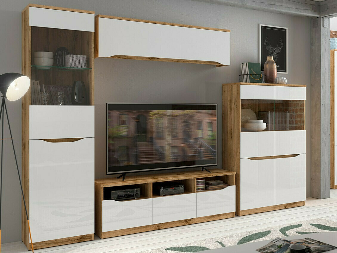 Nappali szett Boston AU110, Fényes fehér, Wotan tölgy, 197.5x39.5cm