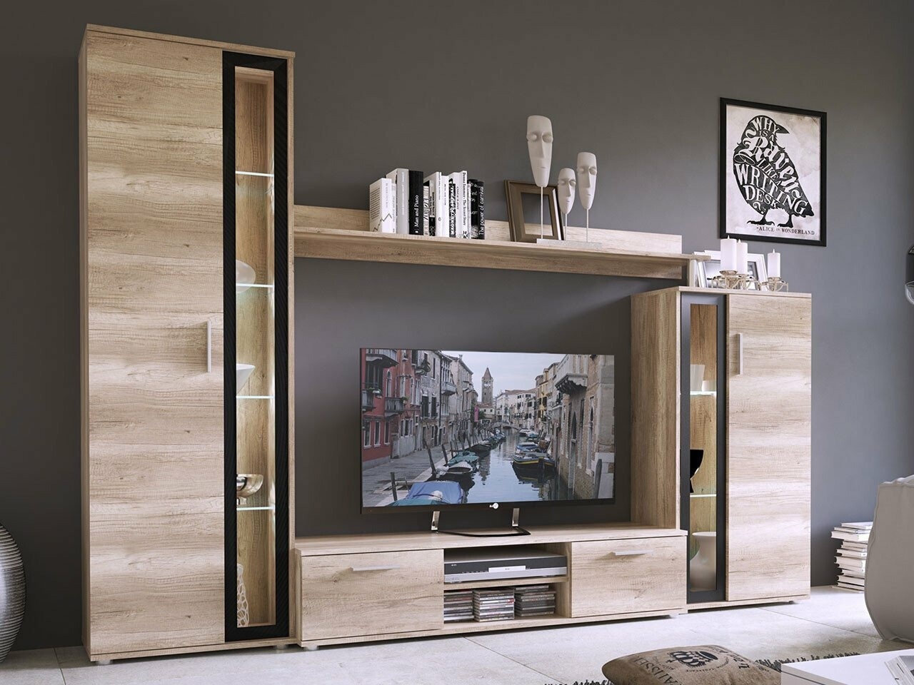 Szekrénysor Bristol 102, Country tölgy, Fekete, 182x256x40cm, Lábak: Műanyag