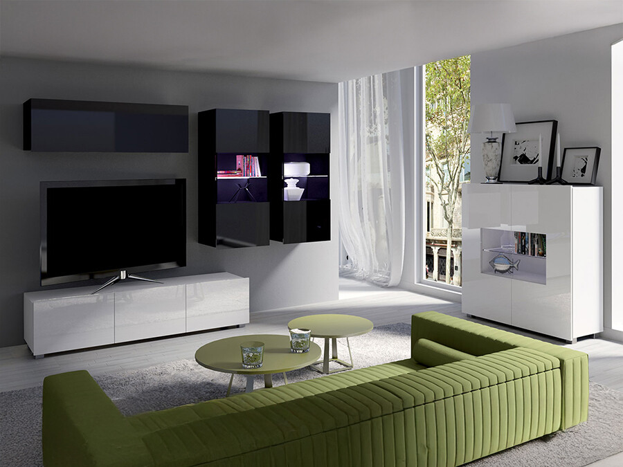 Nappali szett Providence B115, Fényes fekete, Fehér, Fényes fehér, Fekete, Lábak: Műanyag