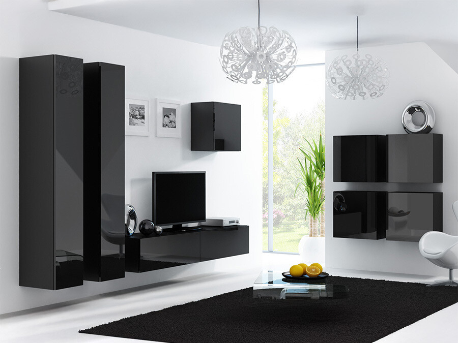 Nappali szett Charlotte A110, Fényes fekete, Fekete, 180x40cm